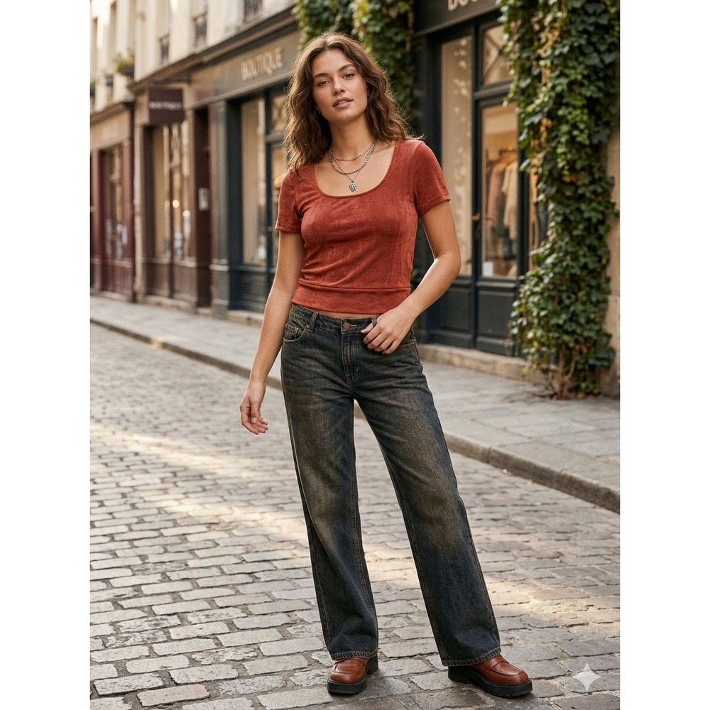 Womens Short Sleeve Top M Rust Shimmer Y2K Indie sleaze‎ Scoop Neck retro boho